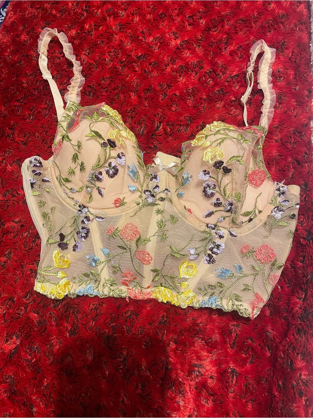 Floral Embroidered Longline Lace Bralette - Nude